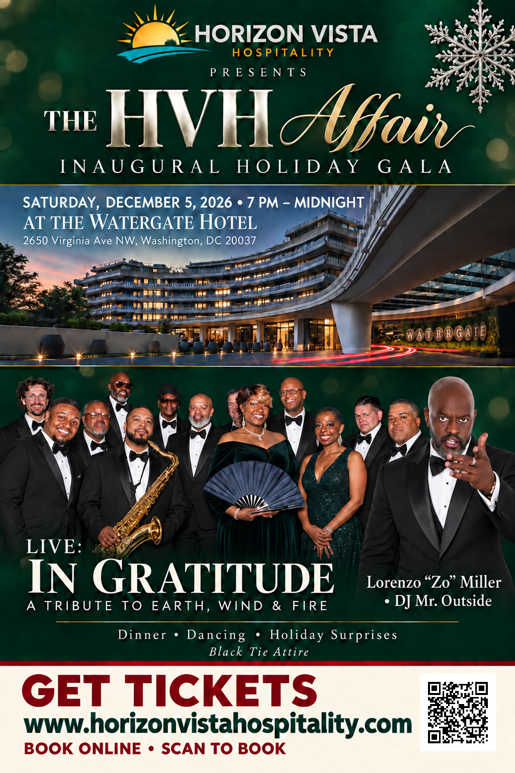HVH Affair holiday gala flyer, featuring the performers in black-tie attire