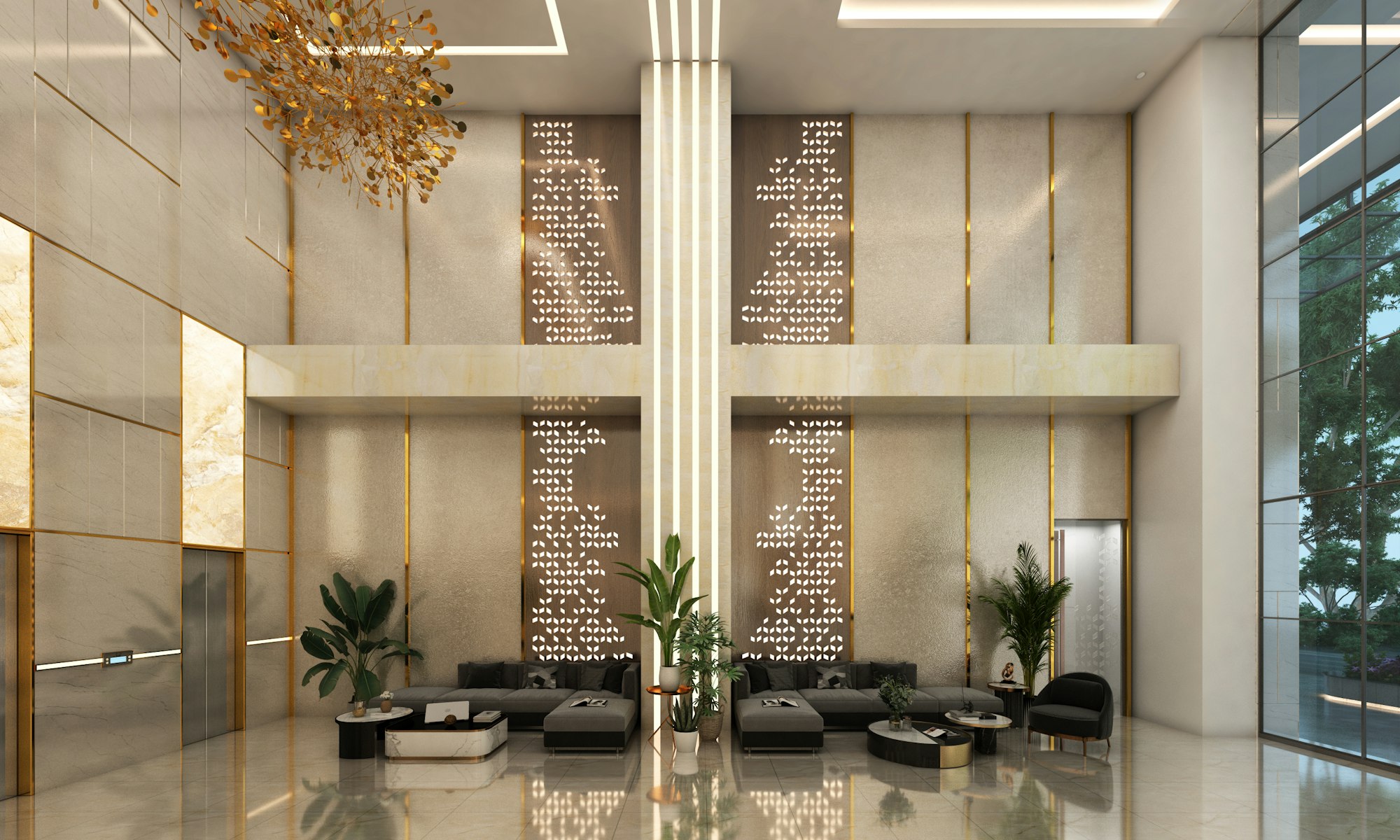 A hotel lounge with seating for guests and informal meetings